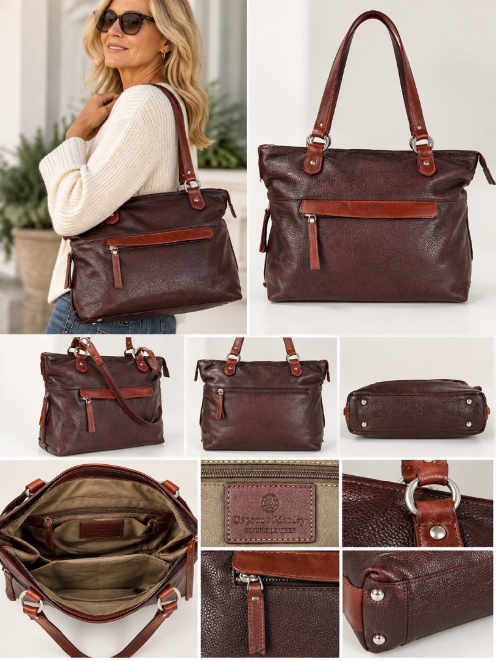 Osgoode Marley Leather Shoulder Tote Bag Espresso Burgundy Cognac